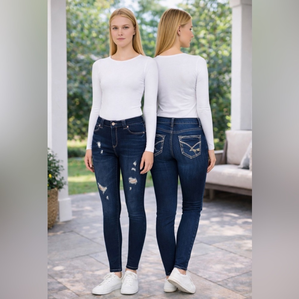 Amethyst Jeans Blue Denim with Plaid Accent